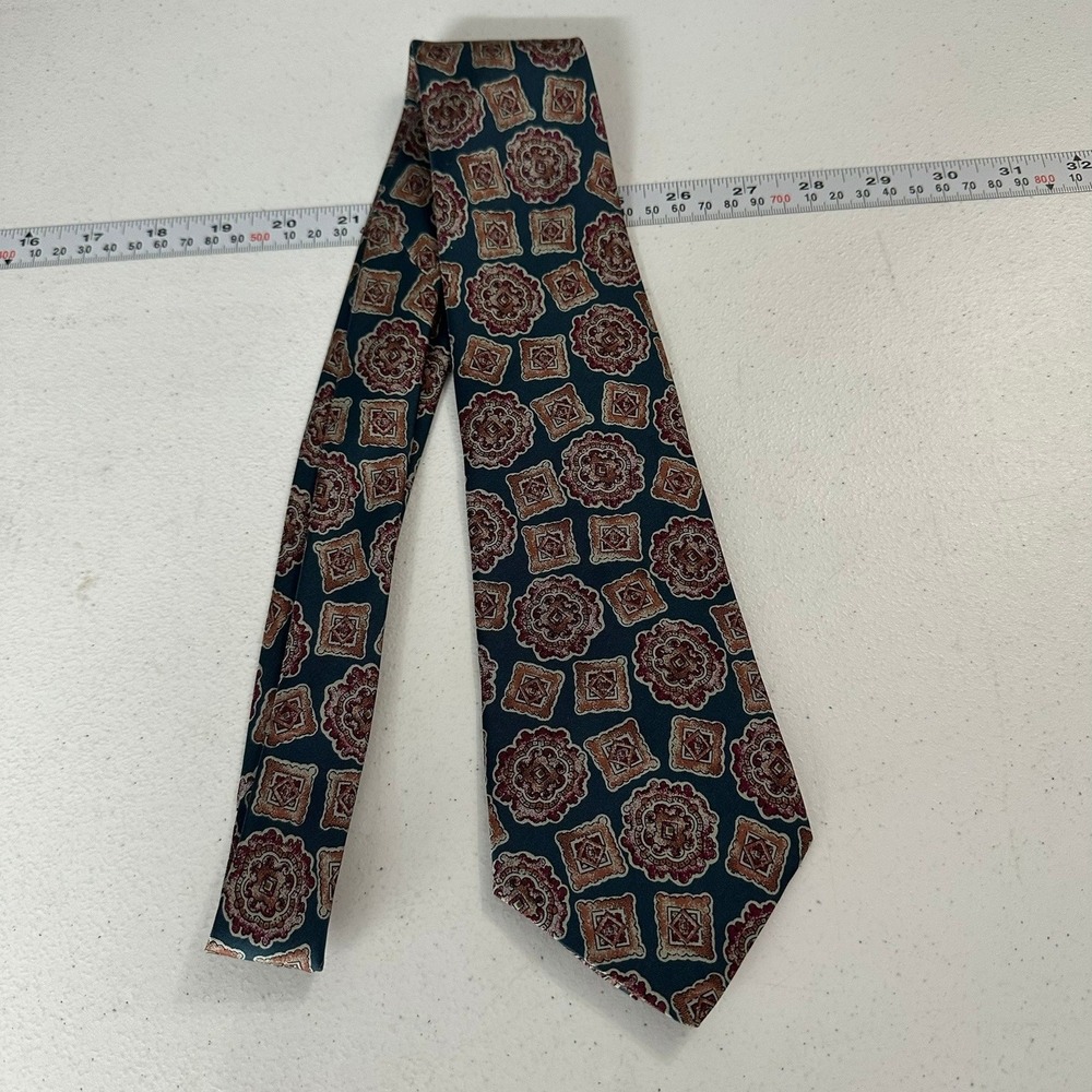 Christopher Hayes Mens Silk Tie Italy Teal Burgundy Geometric Medallion Classic